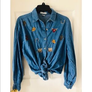 MAGGIE & MAX South western patch work cotton chambray denim jean shirt XL